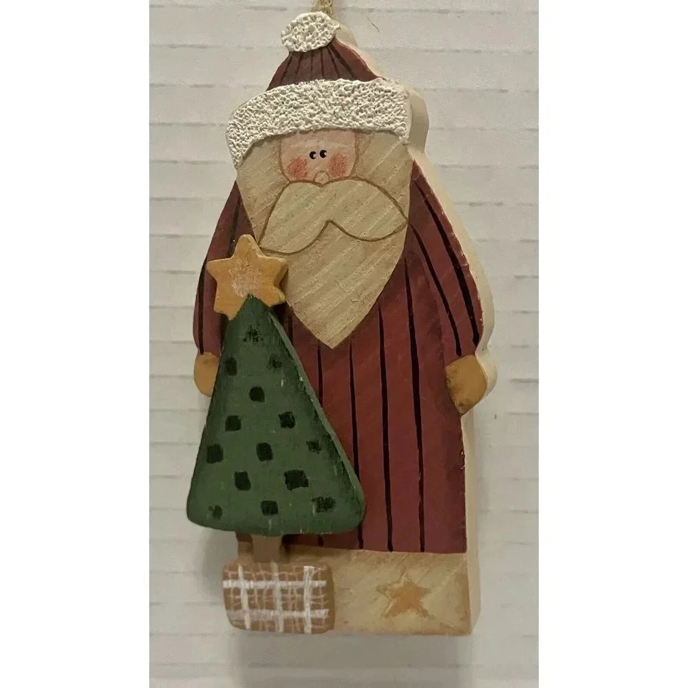Wood Santa‎ Claus With Christmas Tree Ornament 4.25 Inch Vintage Hallmark